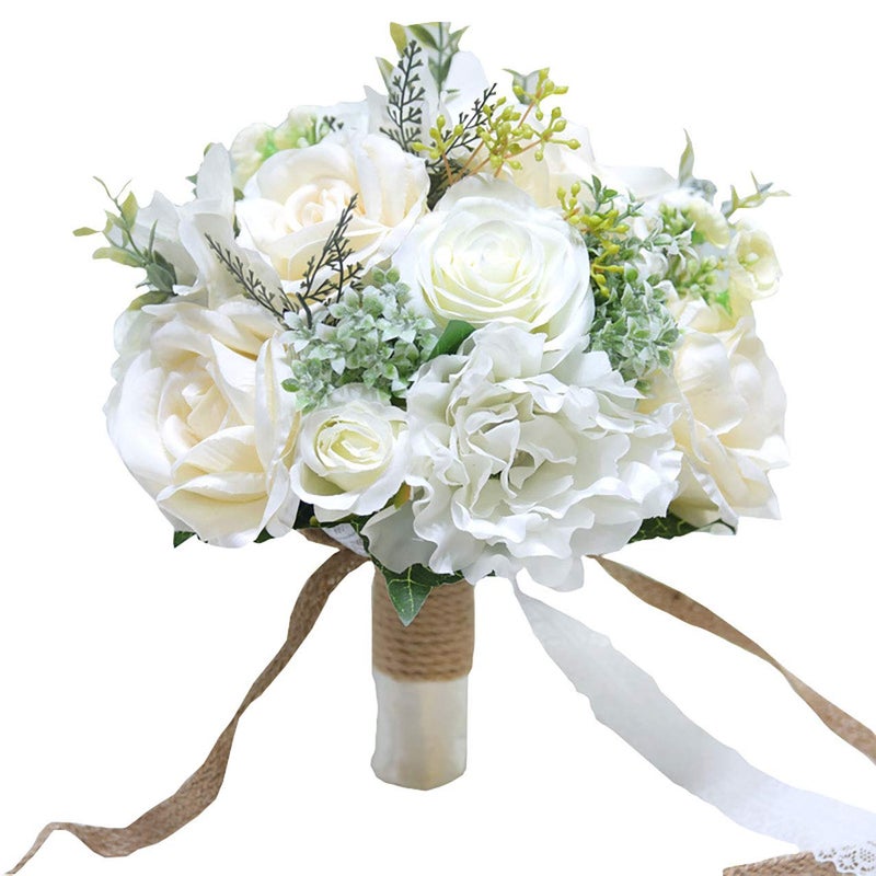 Fiwisora 9.8" Bridal Holding Wedding Bouquet Real-Looking Mixed Flowers Ivory Greenery Bridal Throw Bouquet for Brides Bridesmaid Wedding Hold Flower, Ivory - Image 1